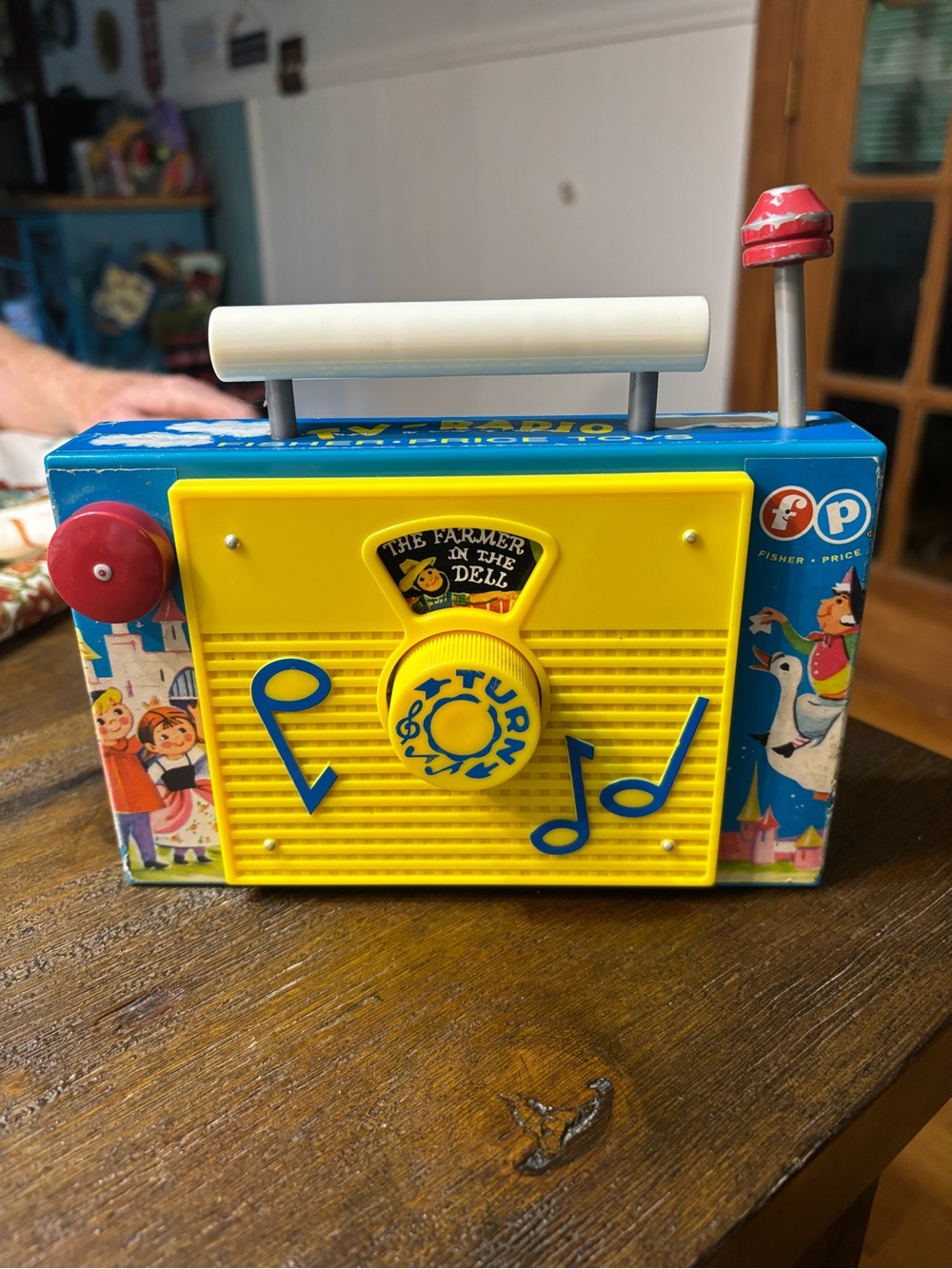 Fisher-Price Blue, Yellow & Red Retro Portable Toy Radio . Wind up toy